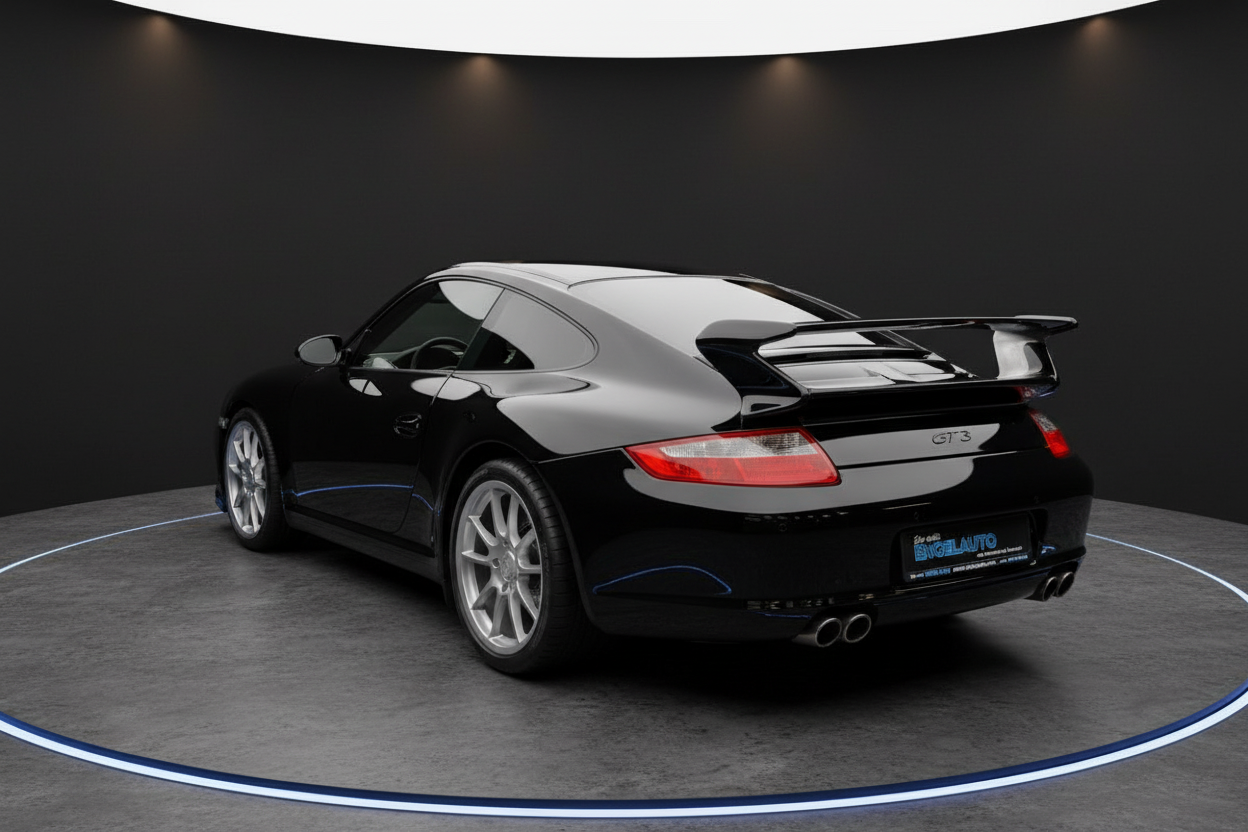 Schwarzer Porsche 911 GT3 997 Heckansicht mit Heckspoiler in Ausstellungsraum