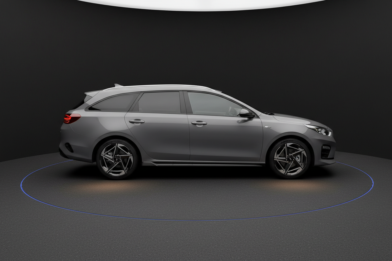 Grauer Kia Ceed Sportswagon GT-Line Seitenansicht im Showroom mit markanten Leichtmetallfelgen und Dachreling auf dunklem Untergrund mit blauer Lichtkontur