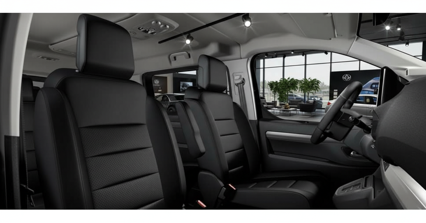 Innenraum eines Volkswagen Transporters mit schwarzen Ledersitzen, Rückbank-Entertainment-Displays und modernem Cockpit in einem Autohaus-Showroom