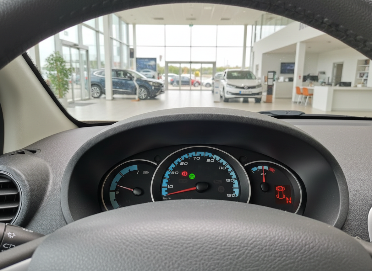 Fahrzeug-Innenraum mit Armaturenbrett und Tachometer in einem Autohaus
