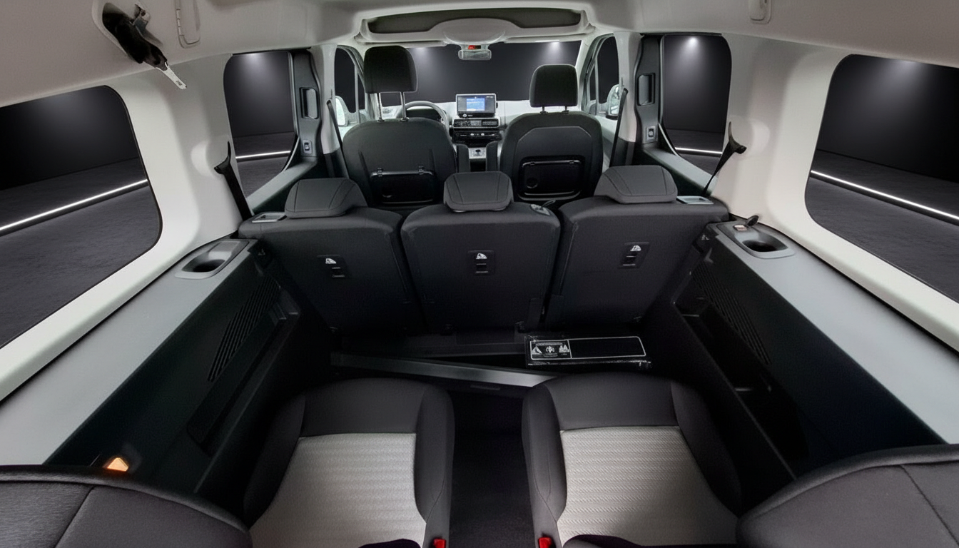 Fahrzeuginnenraum mit schwarzen Sitzen, Mittelkonsole und Infotainmentsystem in modernem Van