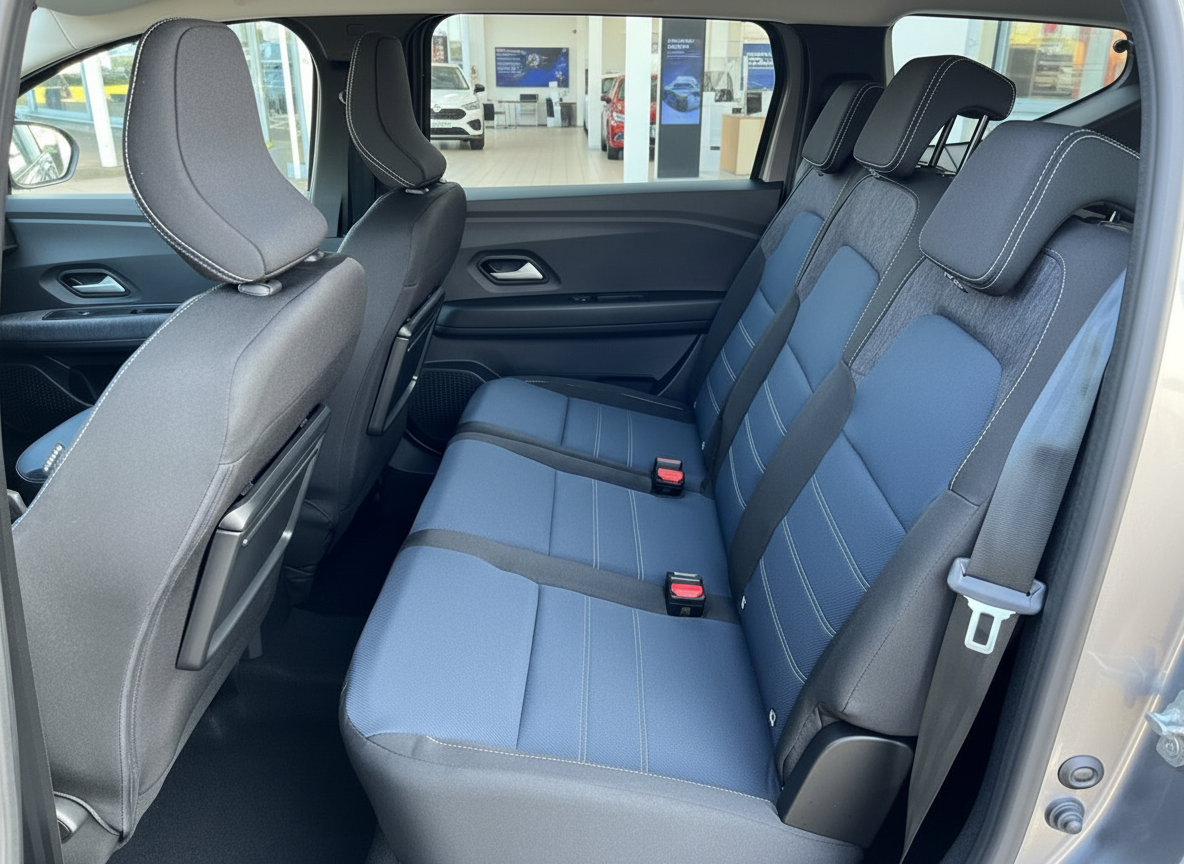 Fahrzeuginnenraum Rücksitzbank mit blau-schwarzem Stoffbezug und weißen Ziernähten