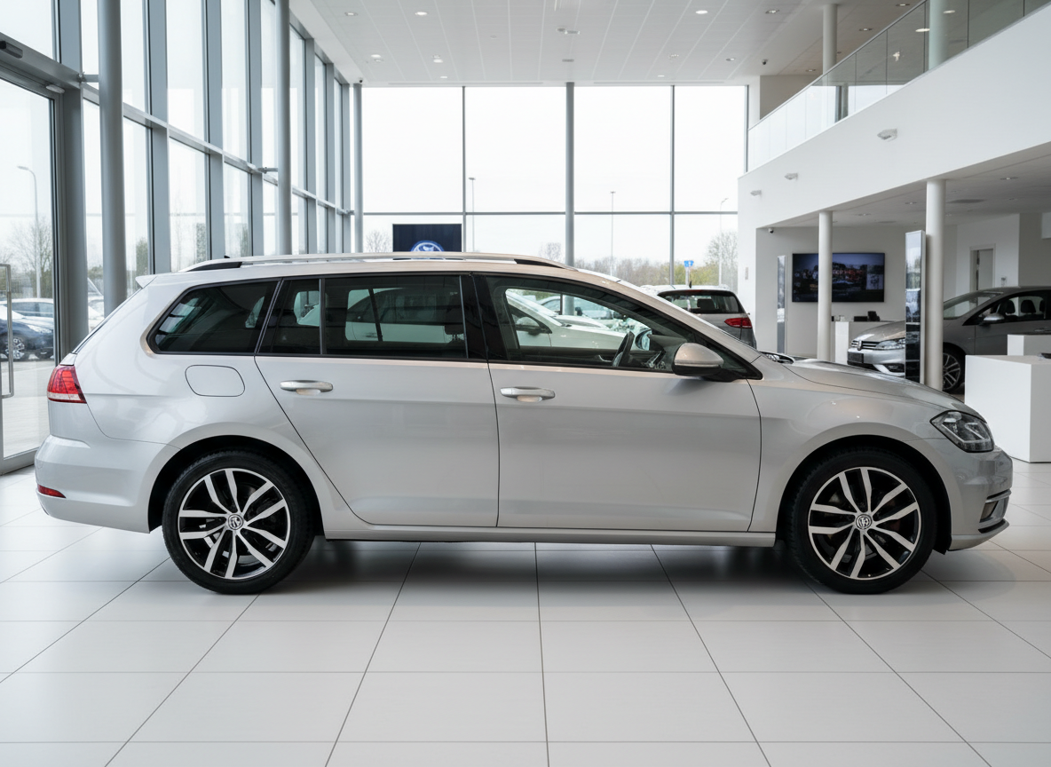 Silberner VW Golf Variant Kombi in VW Autohaus Showroom – Seitenansicht