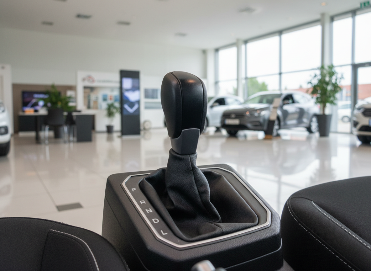 Automatikgetriebe Schalthebel PRNDL im schwarzen Fahrzeuginnenraum eines Neuwagens im Autohaus