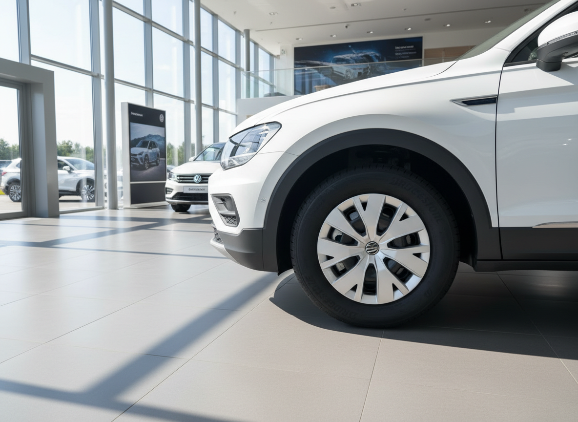 Weißer Volkswagen SUV im Autohaus-Showroom, Frontansicht mit Detailaufnahme des Vorderrads