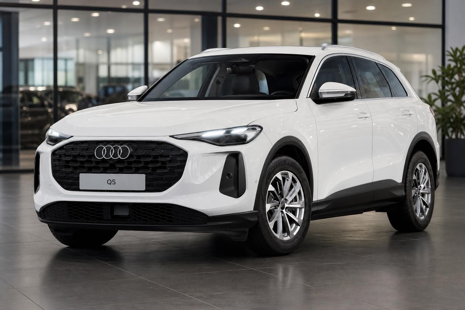 Audi Q5 in Weiß, Frontansicht im Autohaus