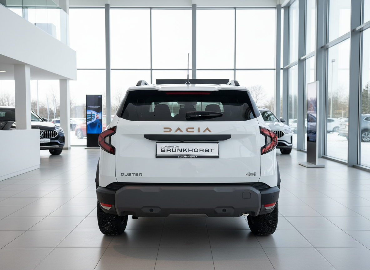 Dacia Duster SUV in Weiß, Heckansicht im Autohaus Brunkhorst Showroom