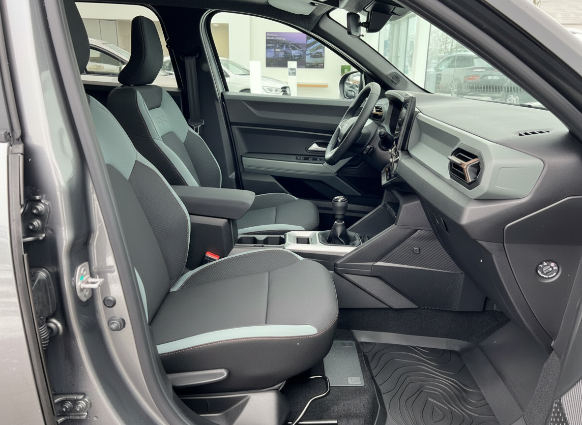 Fahrzeuginnenraum mit schwarzen Sportsitzen und mintfarbenen Akzenten, Schaltgetriebe und modernes Cockpit