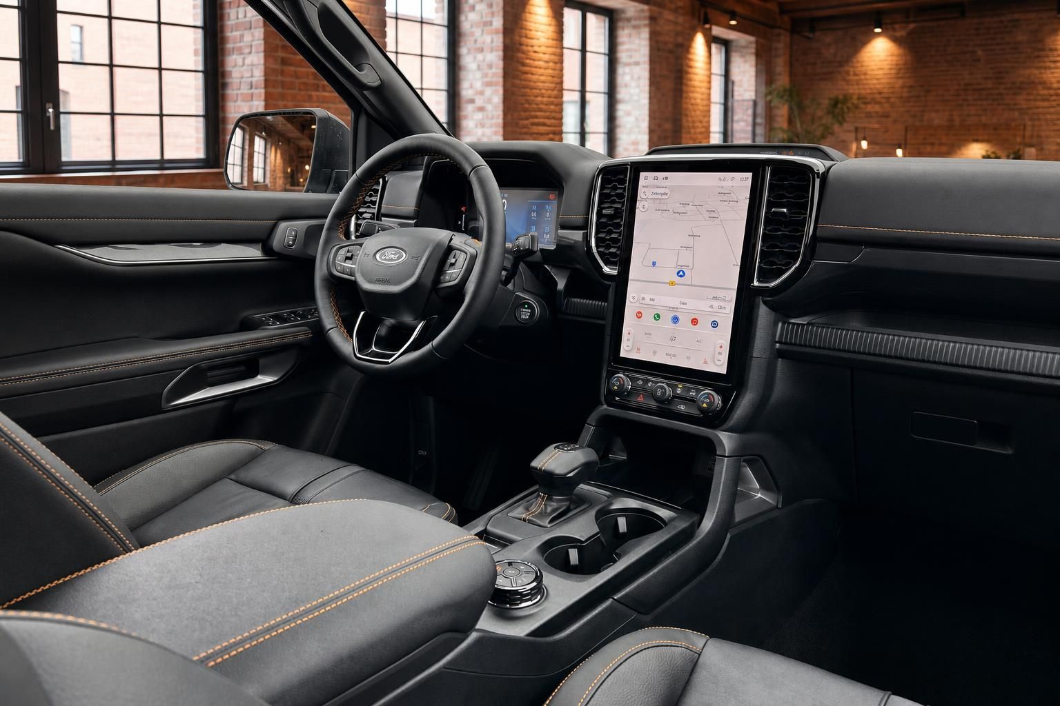 Ford Ranger Wildtrak Cockpit mit Lederausstattung und Touchscreen-Navigation
