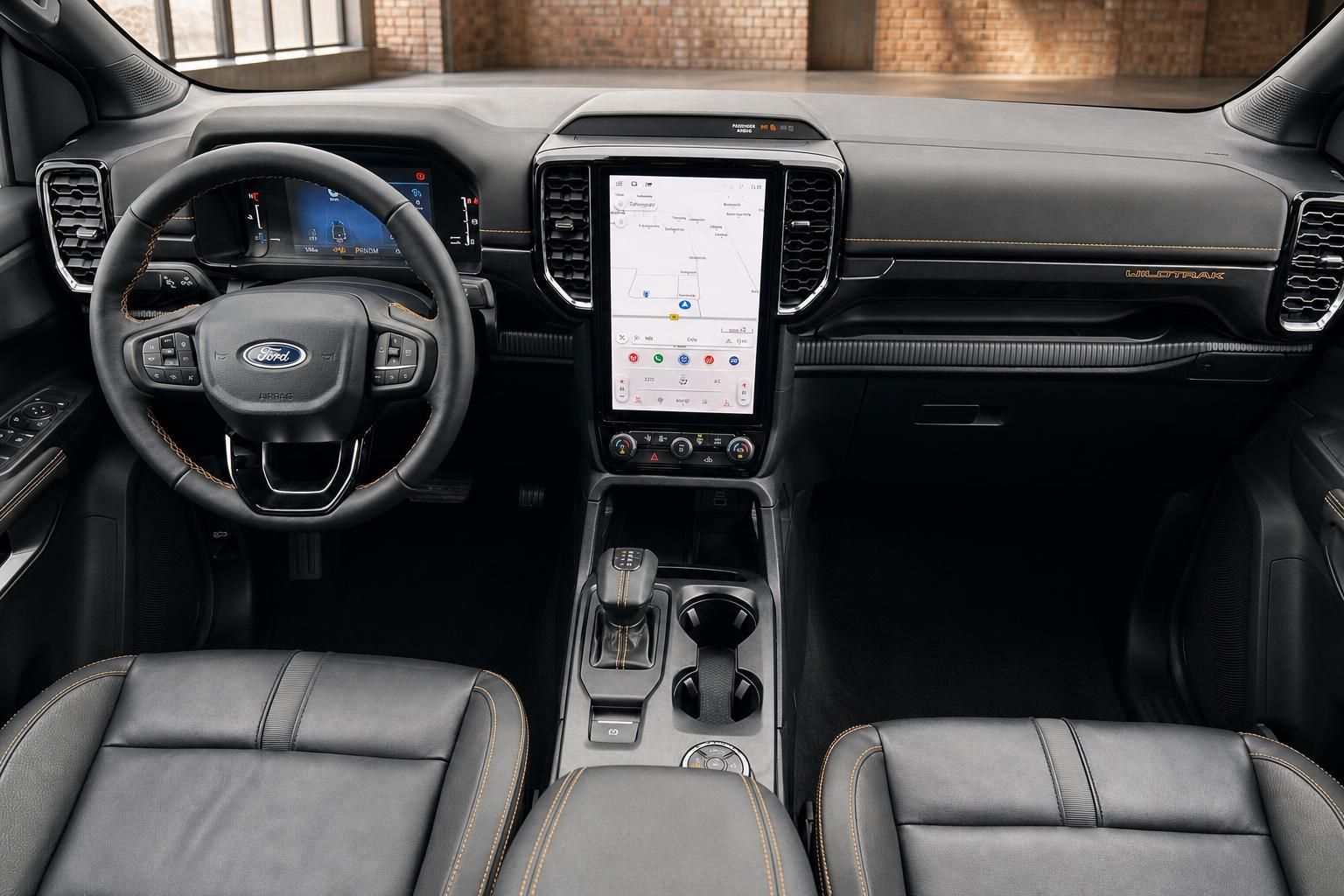 Ford Ranger Wildtrak Cockpit Frontansicht mit Lenkrad und Infotainment-Display
