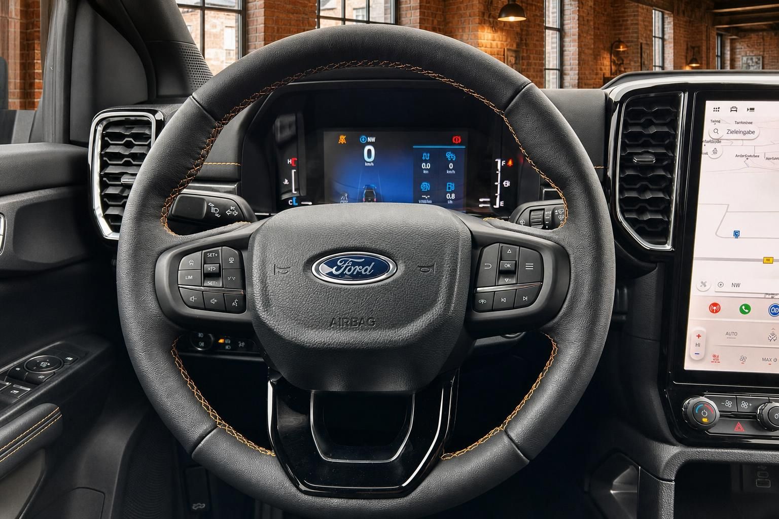 Ford Ranger Lenkrad Nahaufnahme mit Ford-Logo und digitalem Tacho