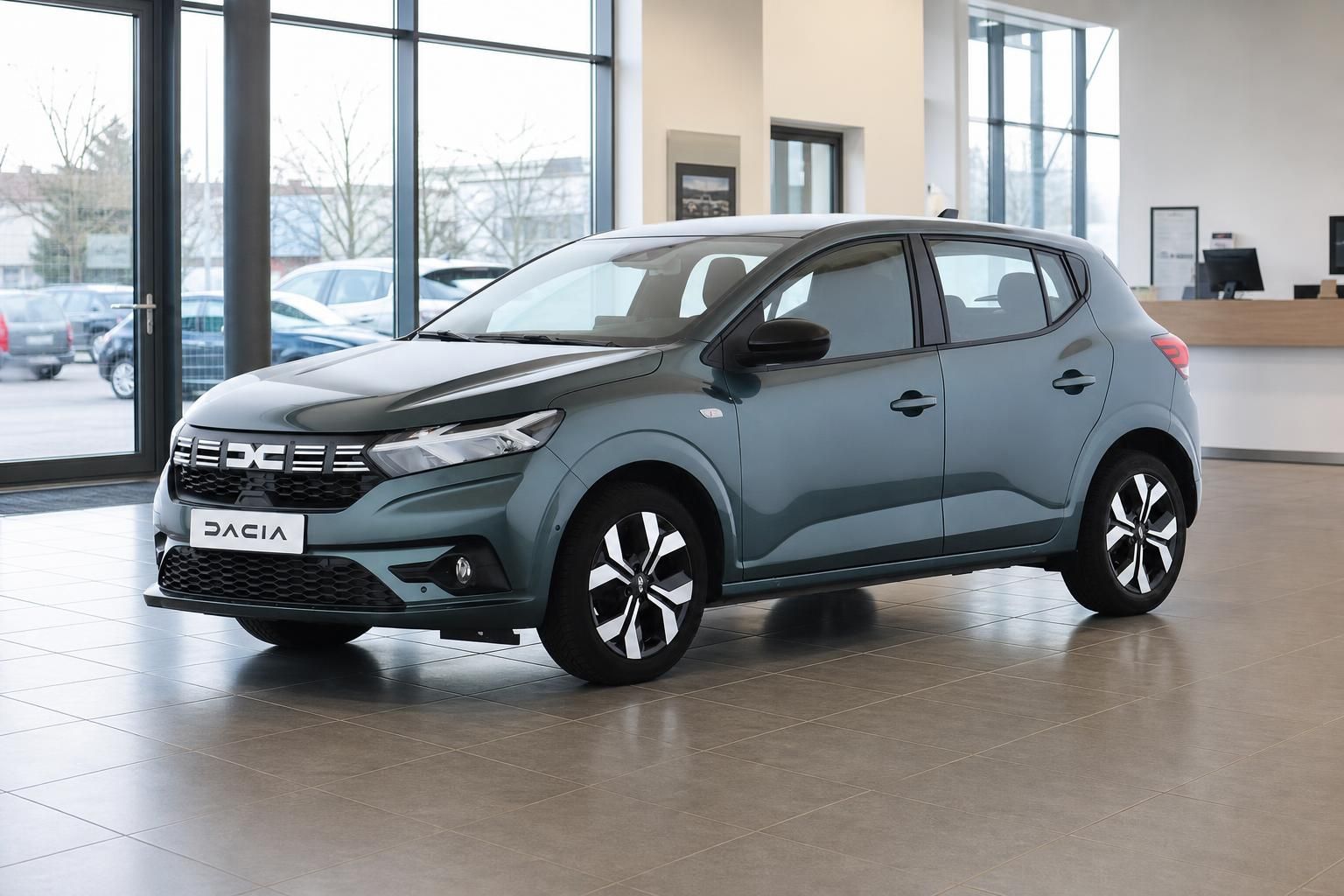 Dacia Sandero Frontansicht schräg, grüne Lackierung im Autohaus