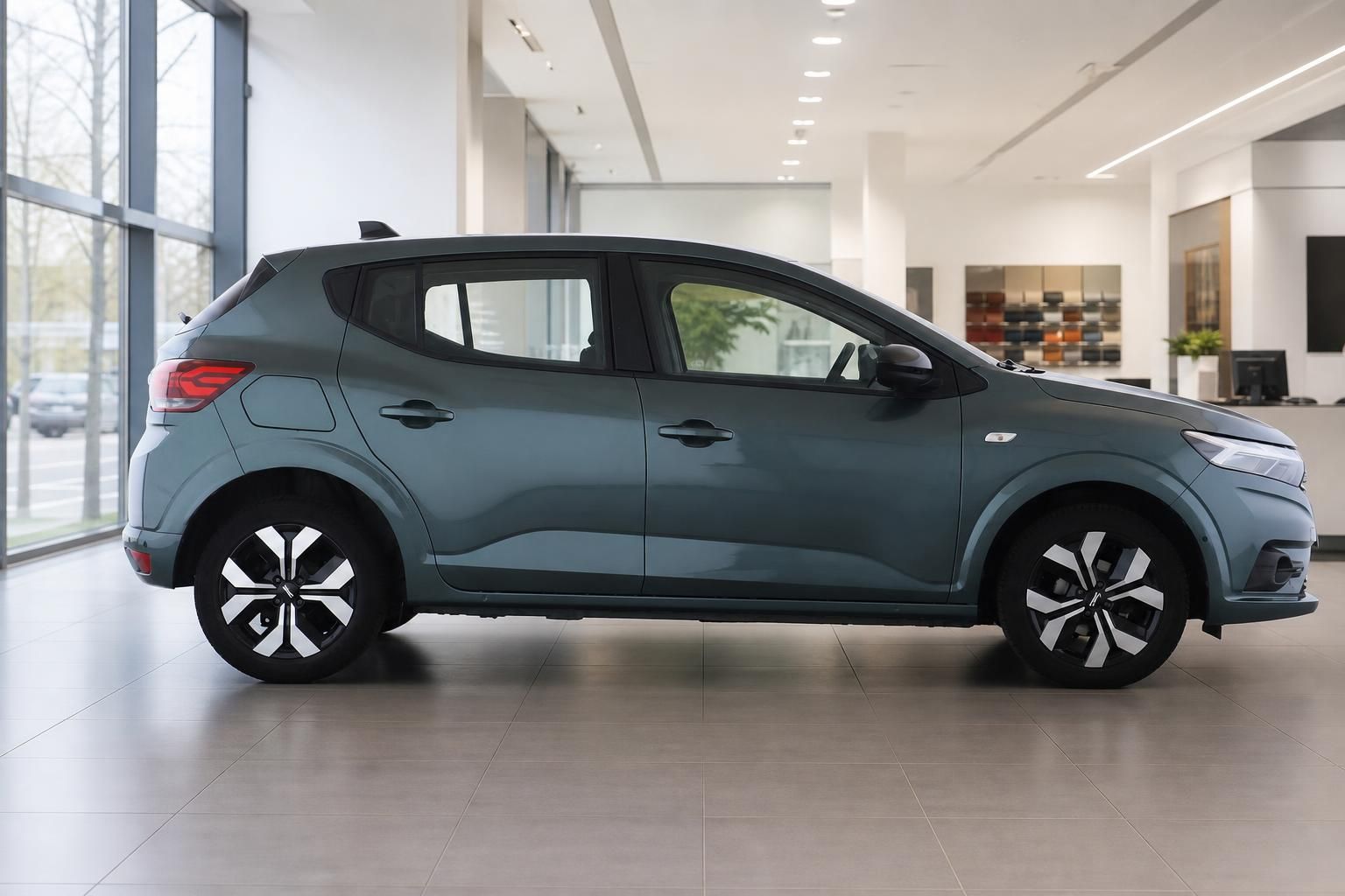Dacia Sandero Seitenansicht, grüne Metallic-Lackierung im Showroom