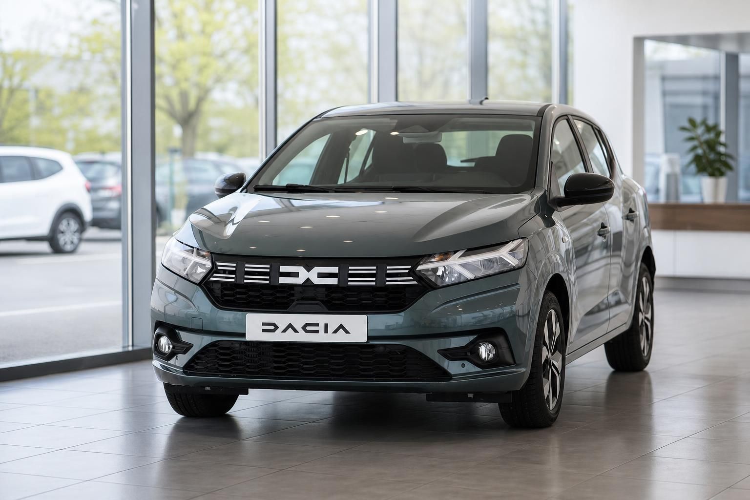 Dacia Sandero in Grün-Metallic, Frontansicht im Autohaus