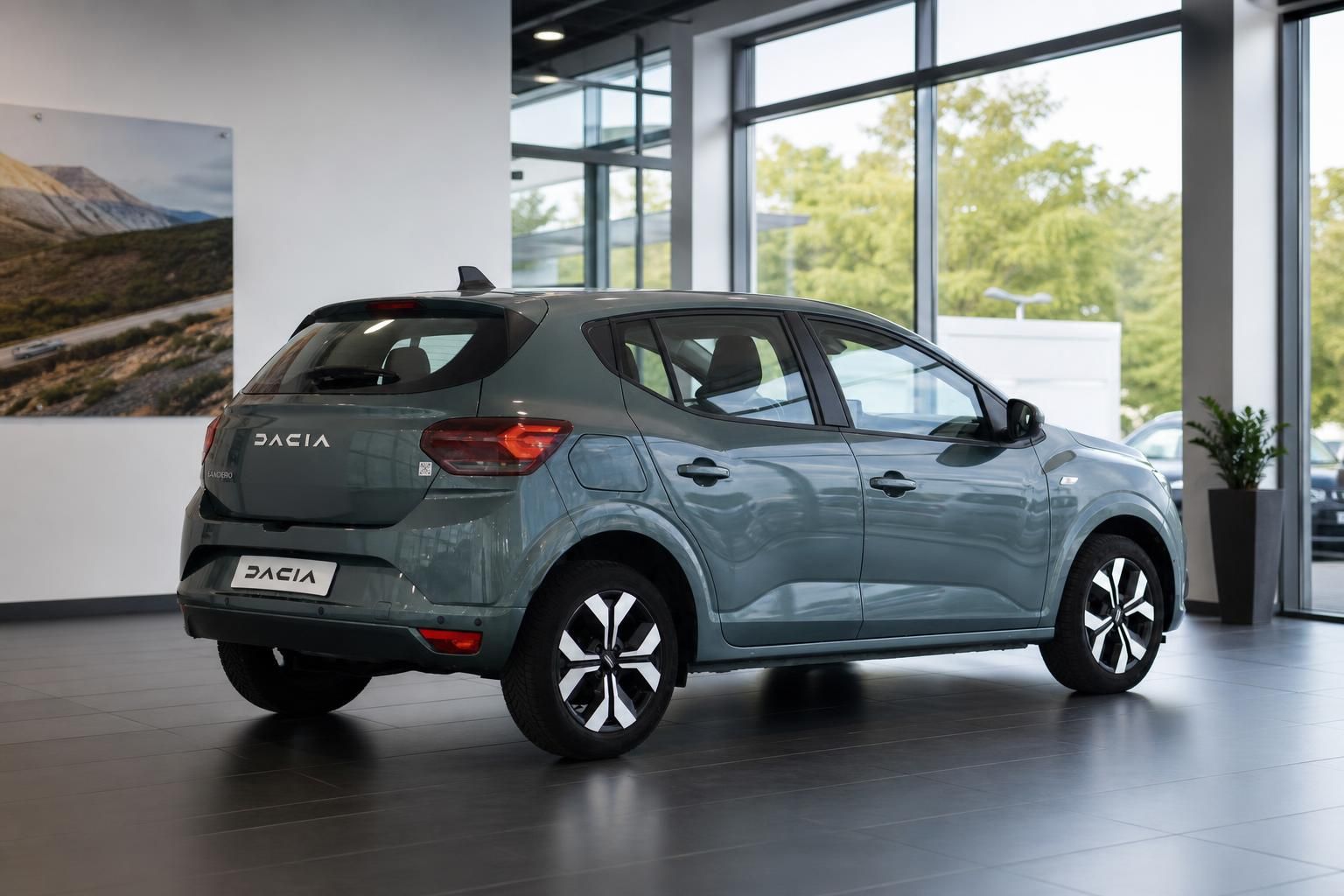 Dacia Sandero Heckansicht in Grün, schräg von hinten im Showroom
