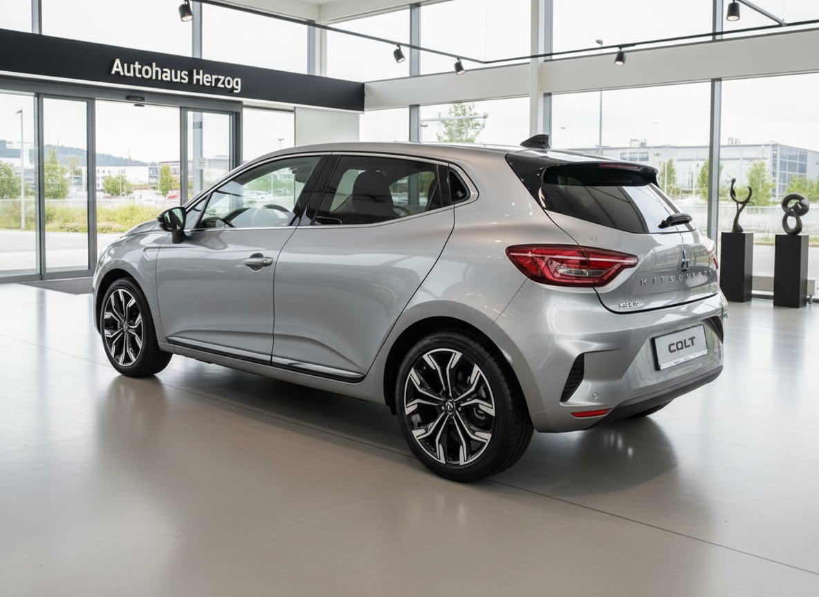 Mitsubishi Colt in Silber Heckansicht im Autohaus Showroom
