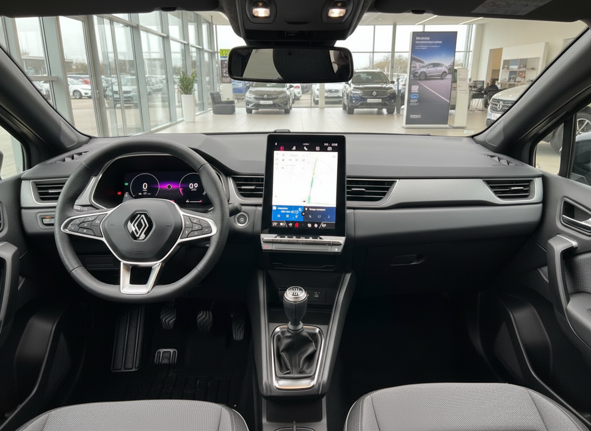 Renault Innenraum mit digitalem Cockpit, großem Touchscreen und manuellem Schaltgetriebe