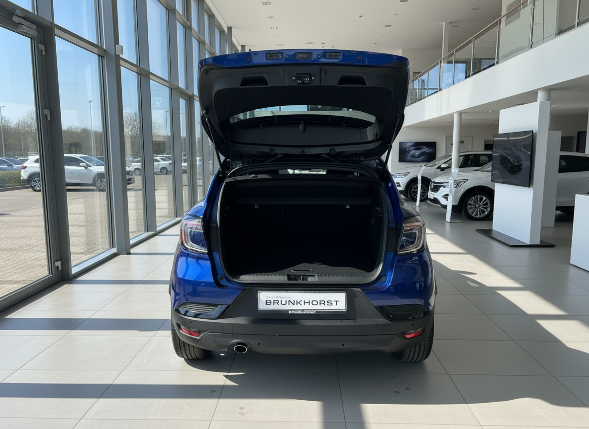Blauer Kompakt-SUV mit geöffneter Heckklappe im Autohaus Brunkhorst Showroom