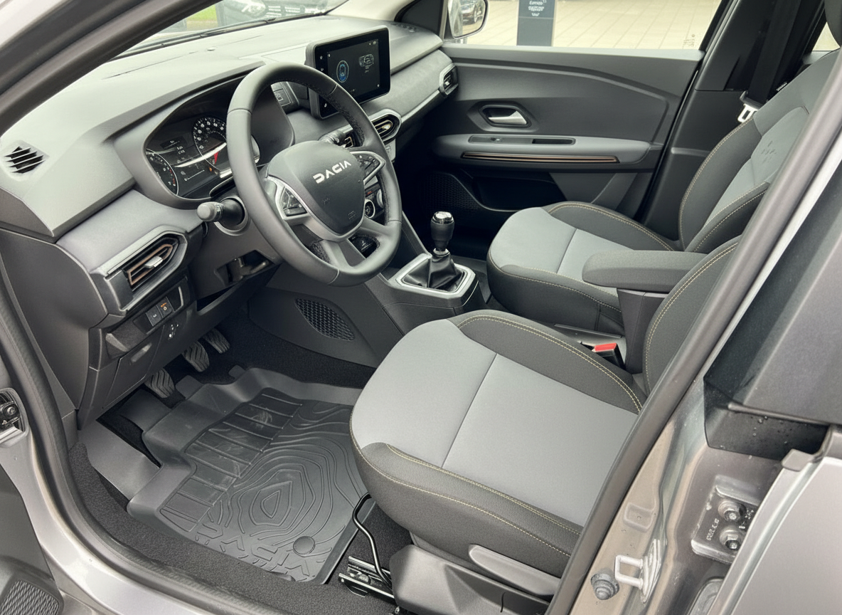 Dacia Innenraum mit Lenkrad, Touchscreen-Display, Schaltgetriebe und grauen Stoffsitzen