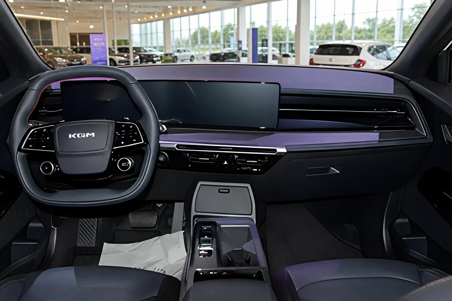 Fahrzeug Innenraum mit modernem Cockpit, Lenkrad und großem Touchscreen-Display in lila Interieur