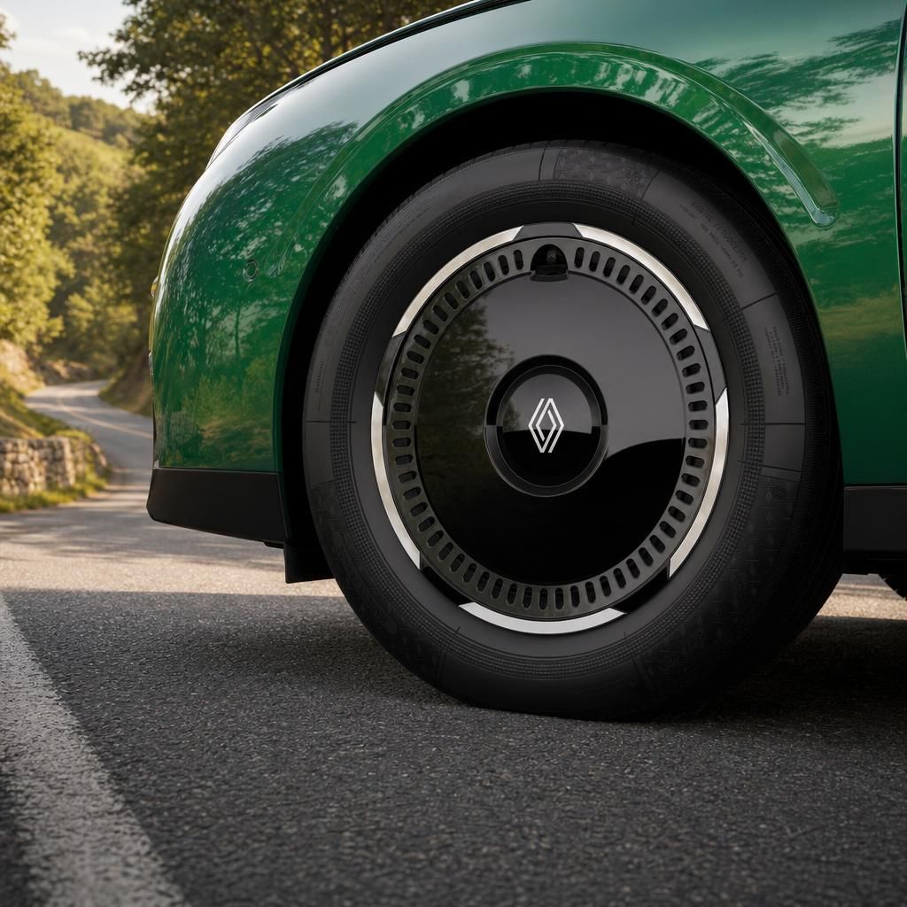 Grünes Fahrzeug Detailaufnahme Rad mit Renault Logo und modernen Felgen auf Landstraße