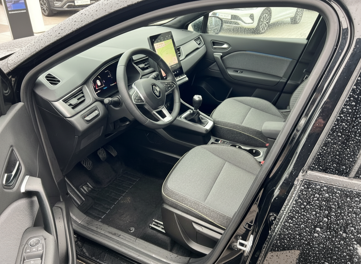 Renault Sandero Innenraum mit Touchscreen, Schaltgetriebe und schwarzen Stoffsitzen