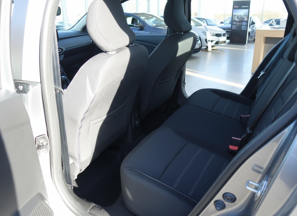 Fahrzeug Innenraum Rücksitzbank schwarz mit weißen Nähten im Autohaus