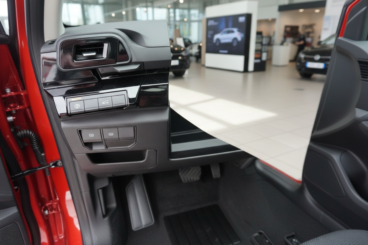 Roter VW Transporter Innenraum – Fahrertür offen, Schalttafel und Pedalerie im Autohaus