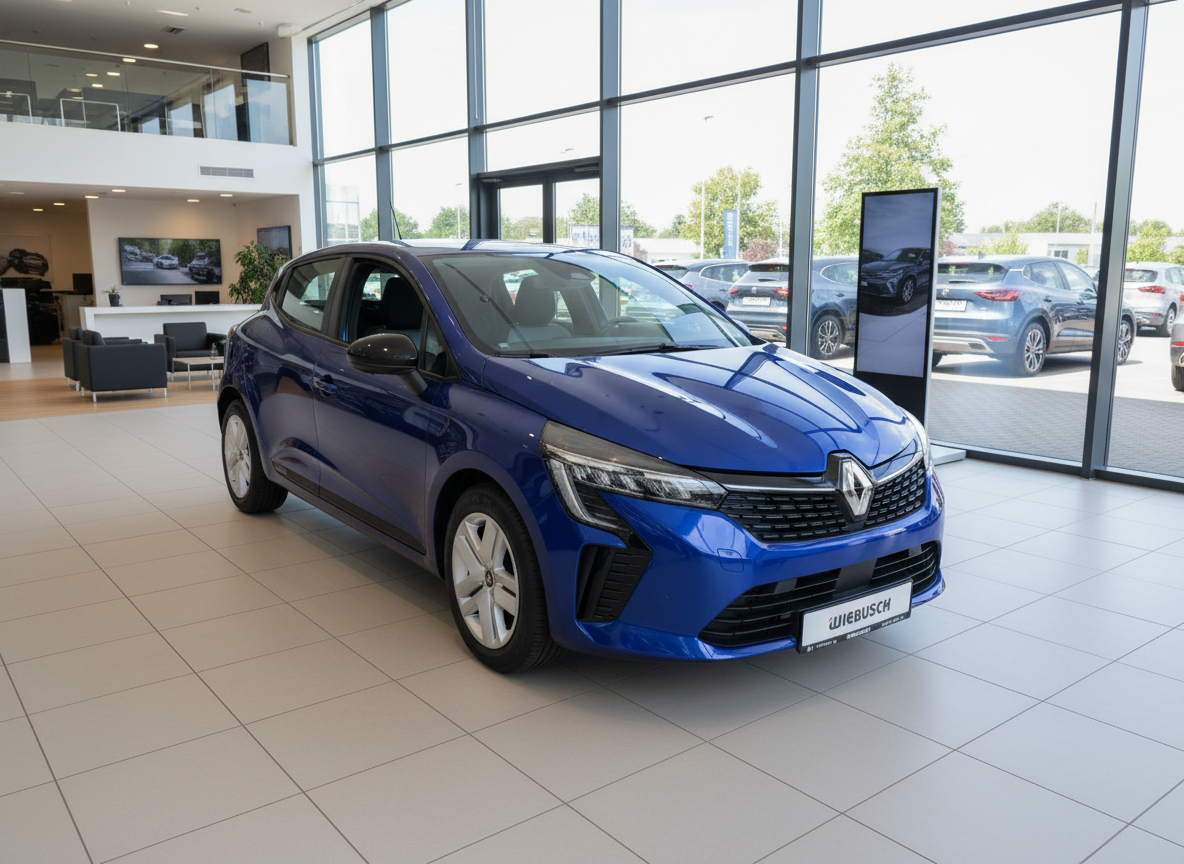 Blauer Renault Clio V im Autohaus Wiebusch Showroom – Frontansicht schräg