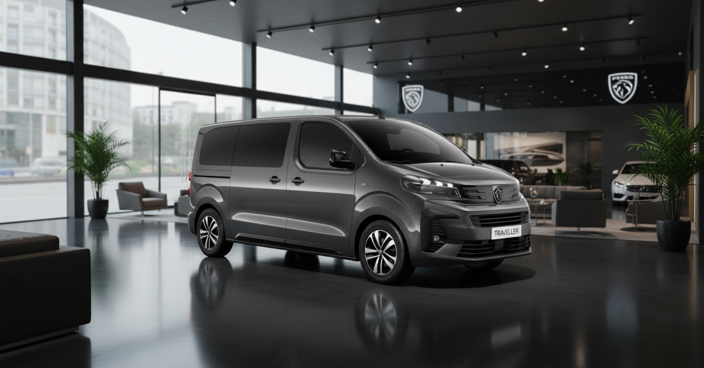 Grauer Peugeot Traveller Van in modernem Autohaus-Showroom mit großen Fenstern und elegantem Interieur-Design