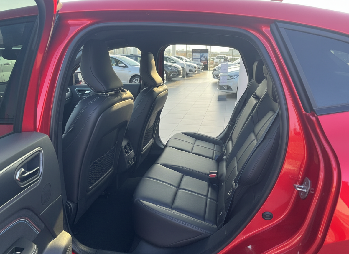 Rotes SUV Innenraum Rücksitzbank schwarzes Leder im Autohaus