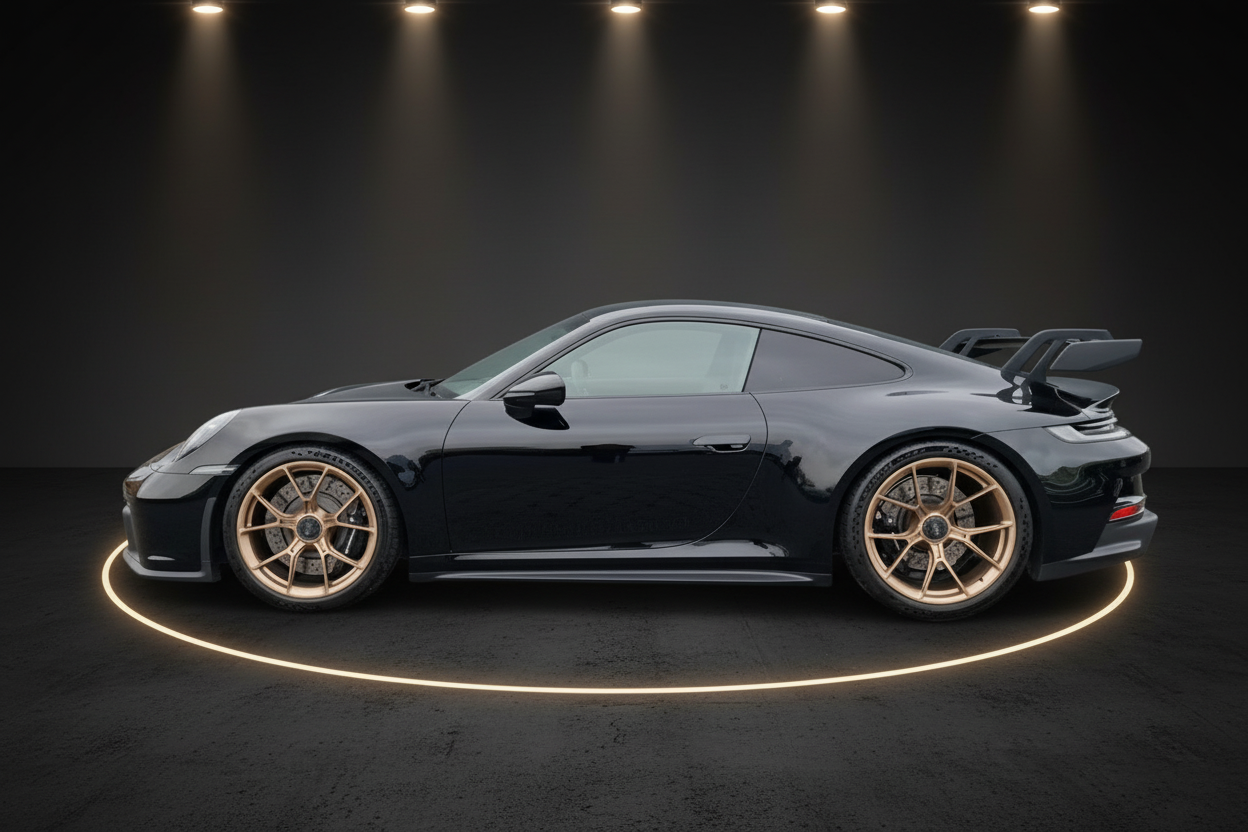 Schwarzer Porsche 911 GT3 mit goldenen Felgen in dunklem Showroom – Seitenansicht