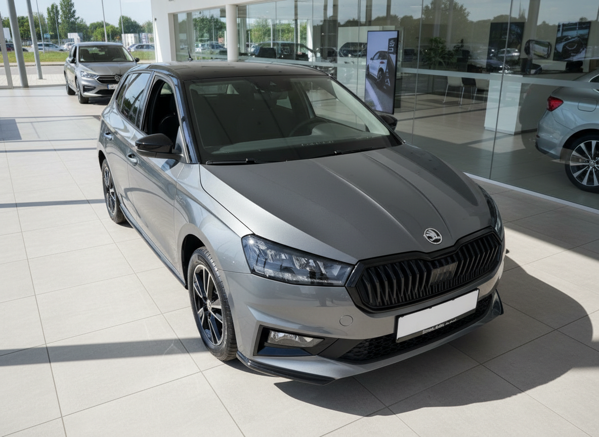 Škoda Fabia Monte Carlo in Grau im Autohaus Showroom – Frontansicht