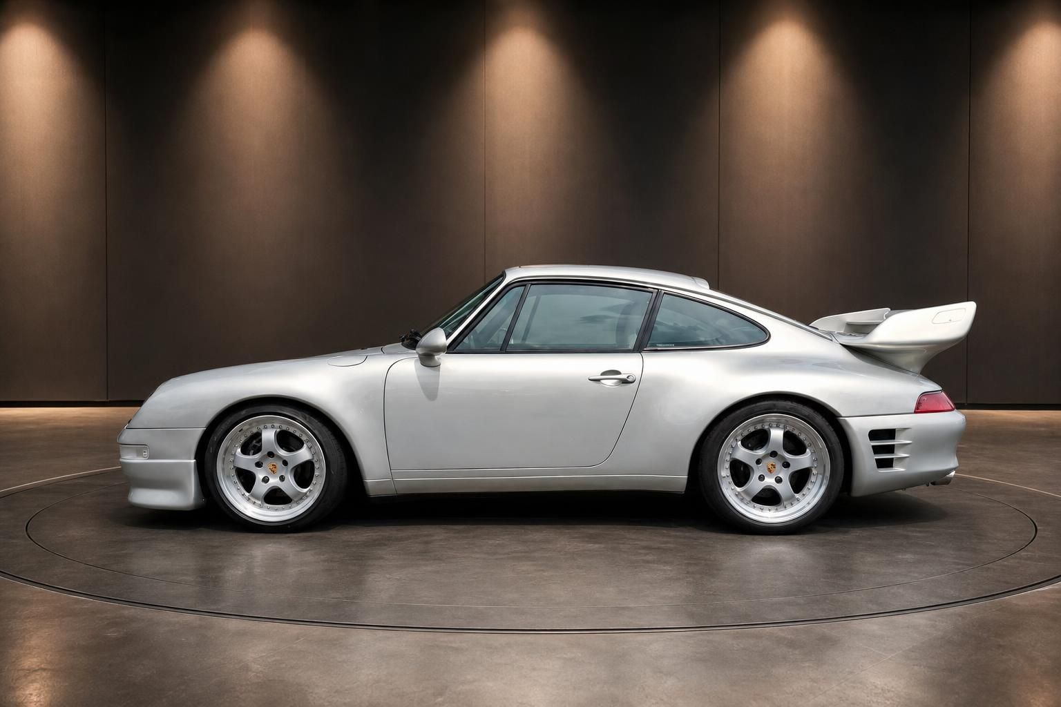 Porsche 911 Carrera silber Seitenansicht mit Sportfelgen und Heckspoiler im Showroom