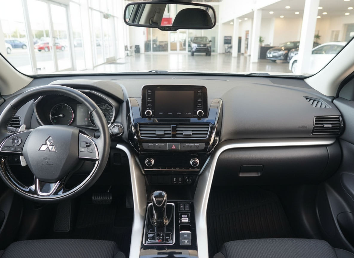 Mitsubishi Innenraum mit Touchscreen, Lenkrad und Automatikgetriebe im Autohaus