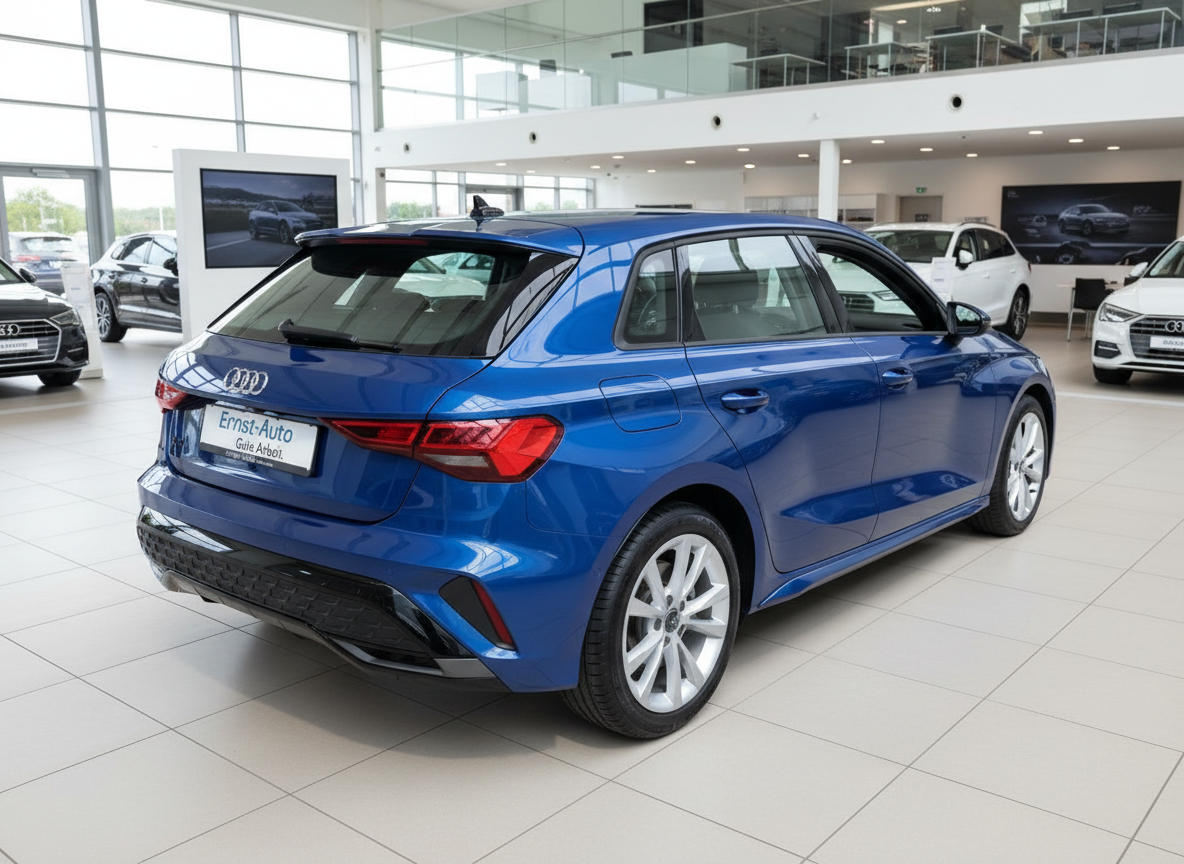 Blauer Audi A3 Sportback Heckansicht im Autohaus Ernst-Auto Ausstellungsraum