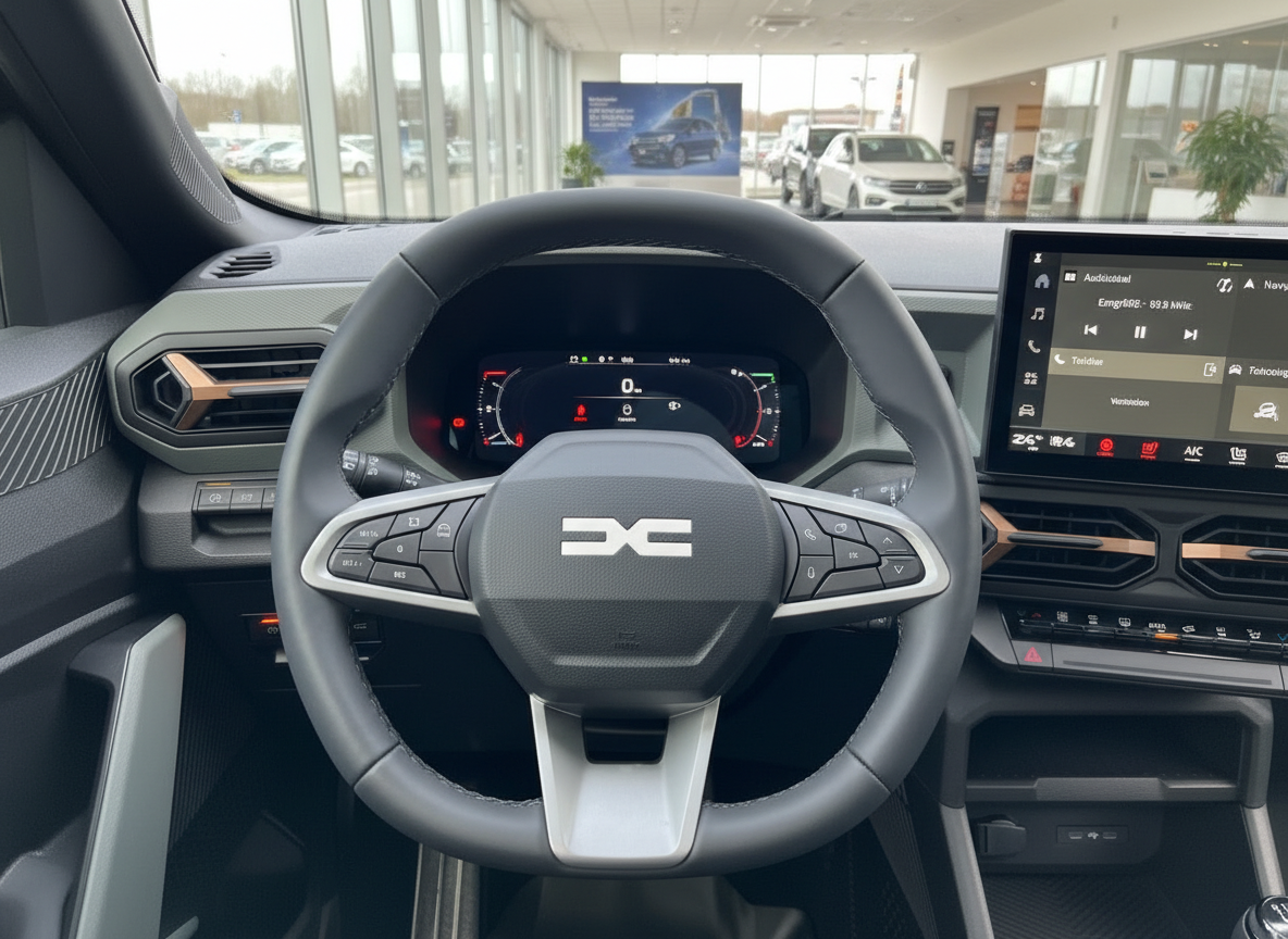 Dacia Innenraum mit Lenkrad, digitalem Cockpit und Infotainment-Touchscreen im Autohaus