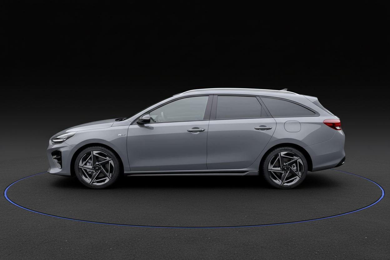 Grauer Kia Ceed Sportswagon GT-Line Seitenansicht mit sportlichen Leichtmetallfelgen und dynamischer Linienführung vor schwarzem Hintergrund
