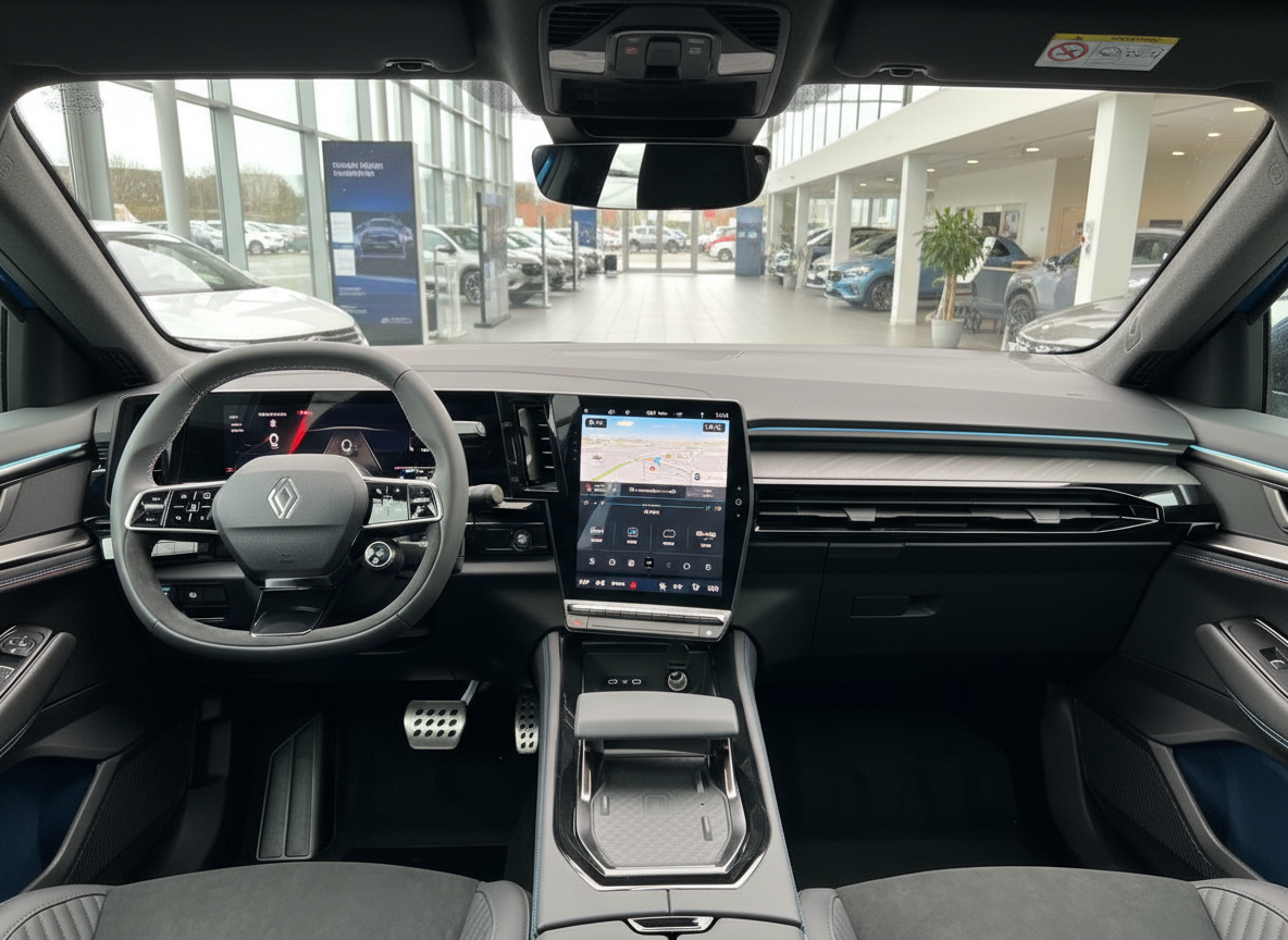 Renault Innenraum mit digitalem Cockpit und großem Touchscreen-Infotainmentsystem im Autohaus