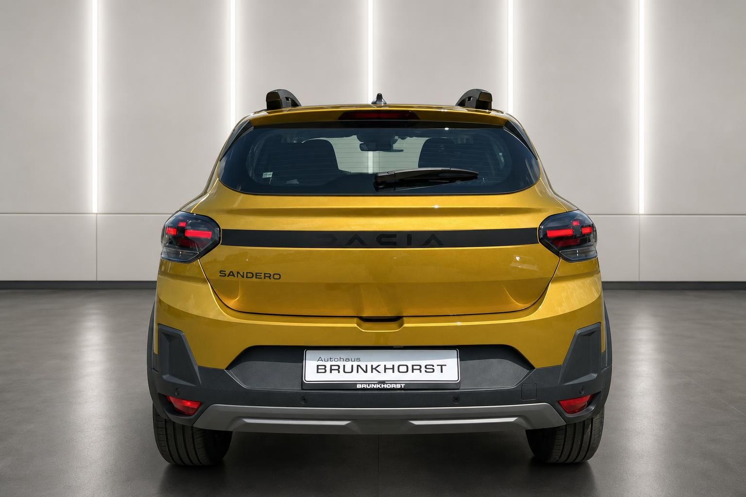Dacia Sandero Stepway gelb, Heckansicht mit Modellschriftzug und Kennzeichen