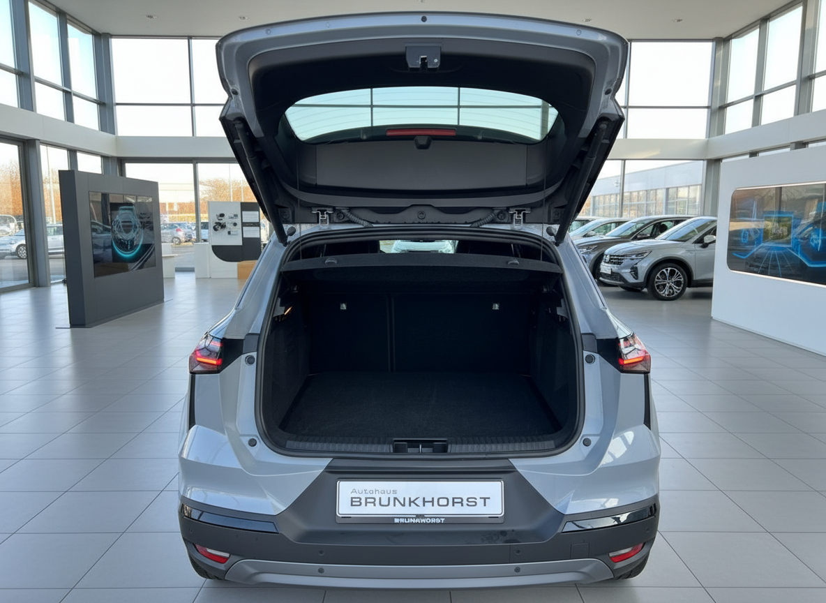 Silberner SUV mit geöffneter Heckklappe im Autohaus Brunkhorst Showroom