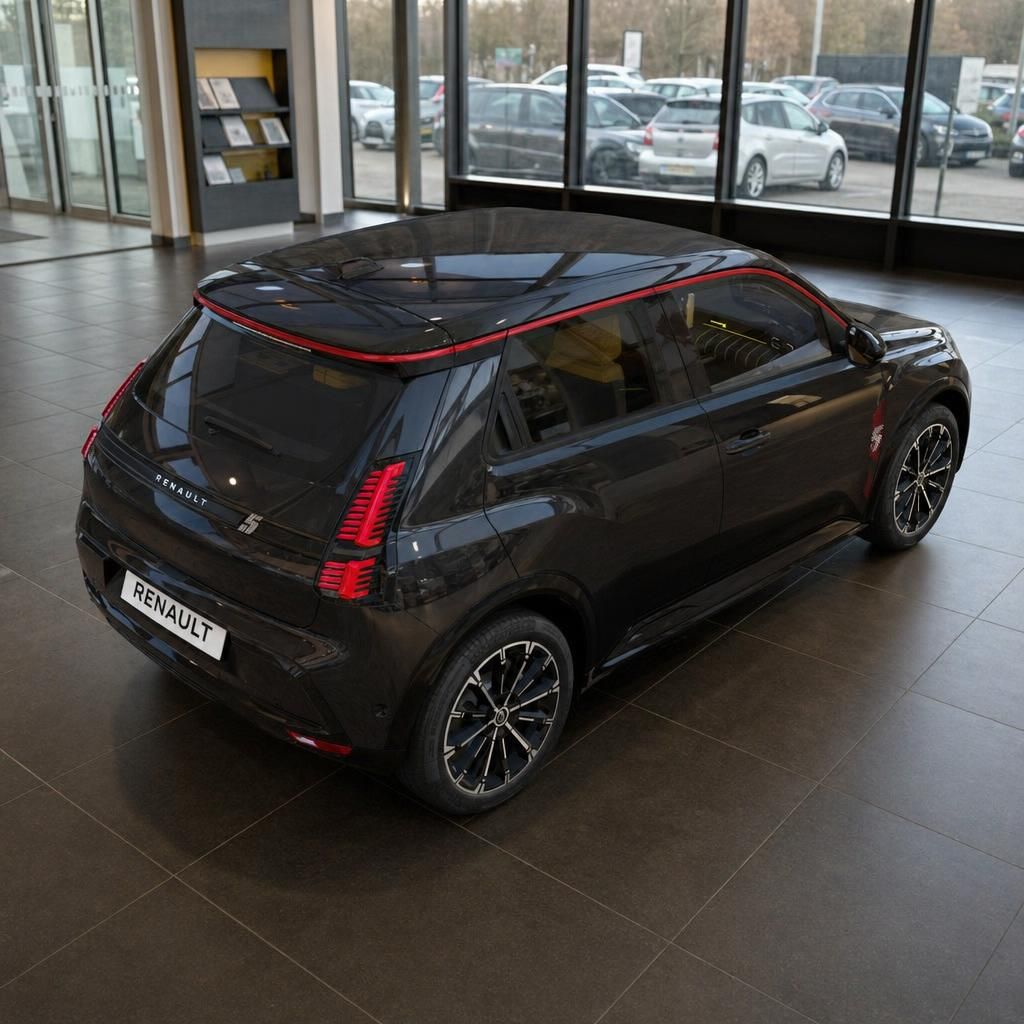 Schwarzer Renault Kleinwagen mit roten Akzenten in Autohaus-Showroom - Rückansicht