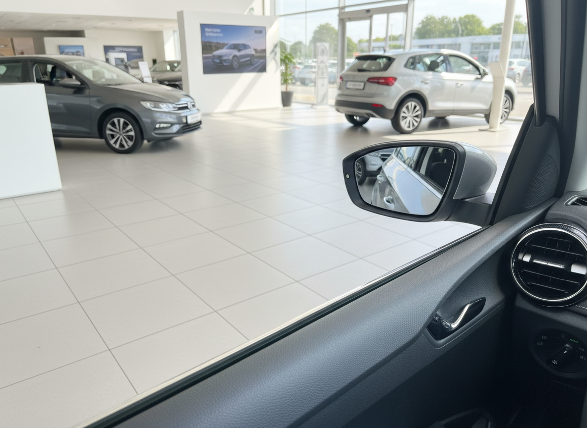 VW Autohaus Innenraum mit Blick aus Fahrzeugkabine auf Ausstellungsfahrzeuge Polo und Tiguan