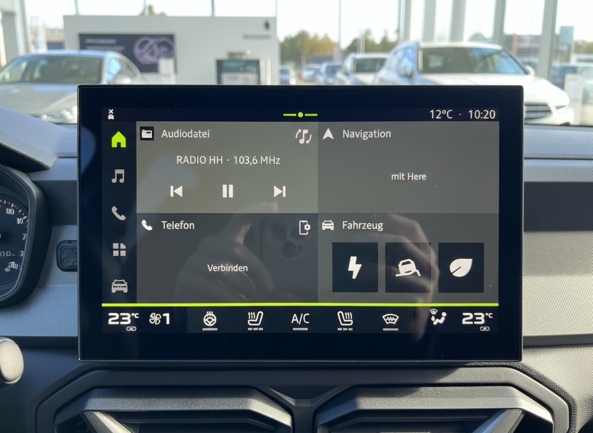 Škoda Infotainment-Display mit Radio, Navigation und Fahrzeugmenü im Autohaus