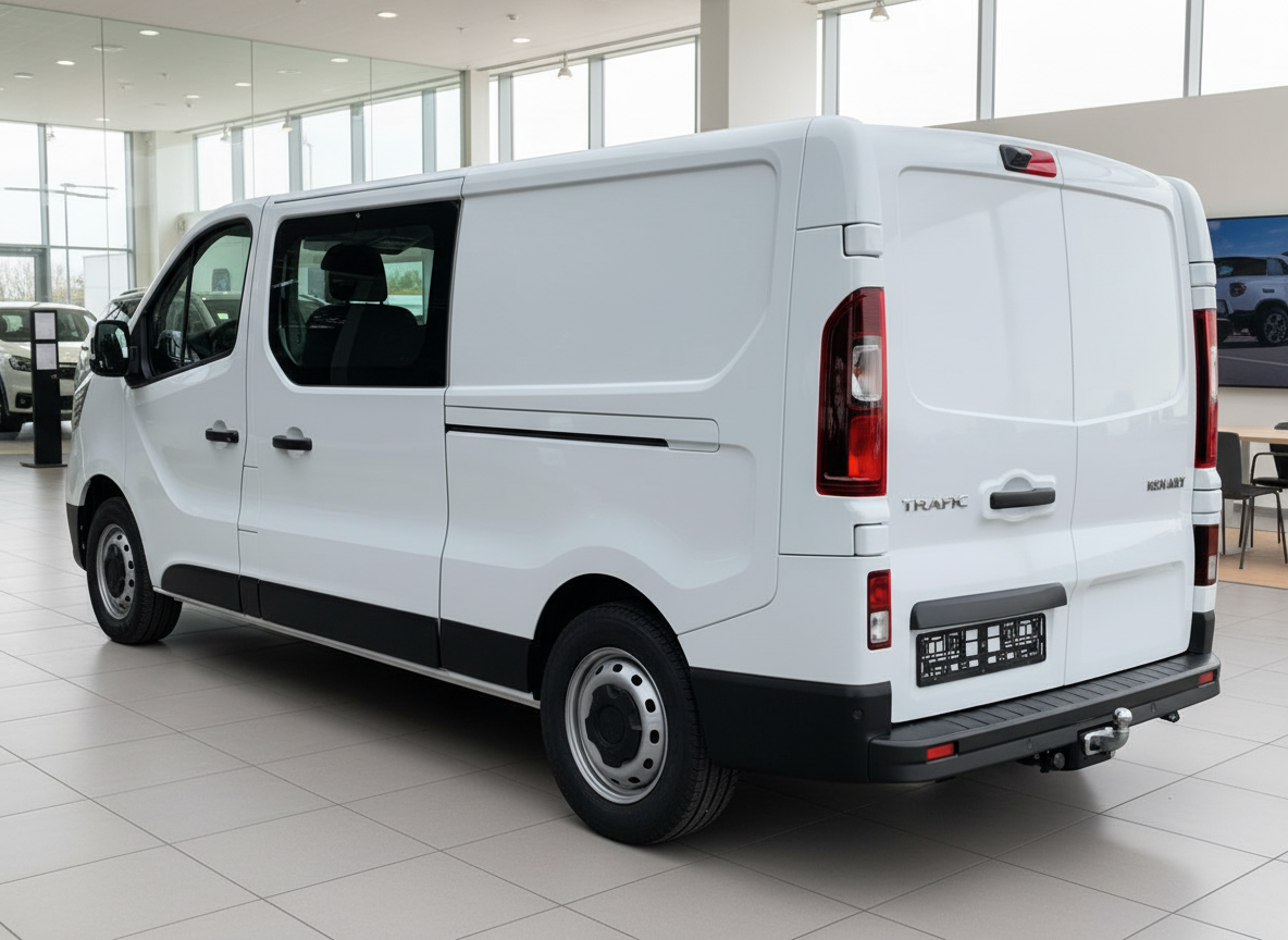 Weißer Renault Trafic Kastenwagen Doppelkabine Heckansicht im Autohaus