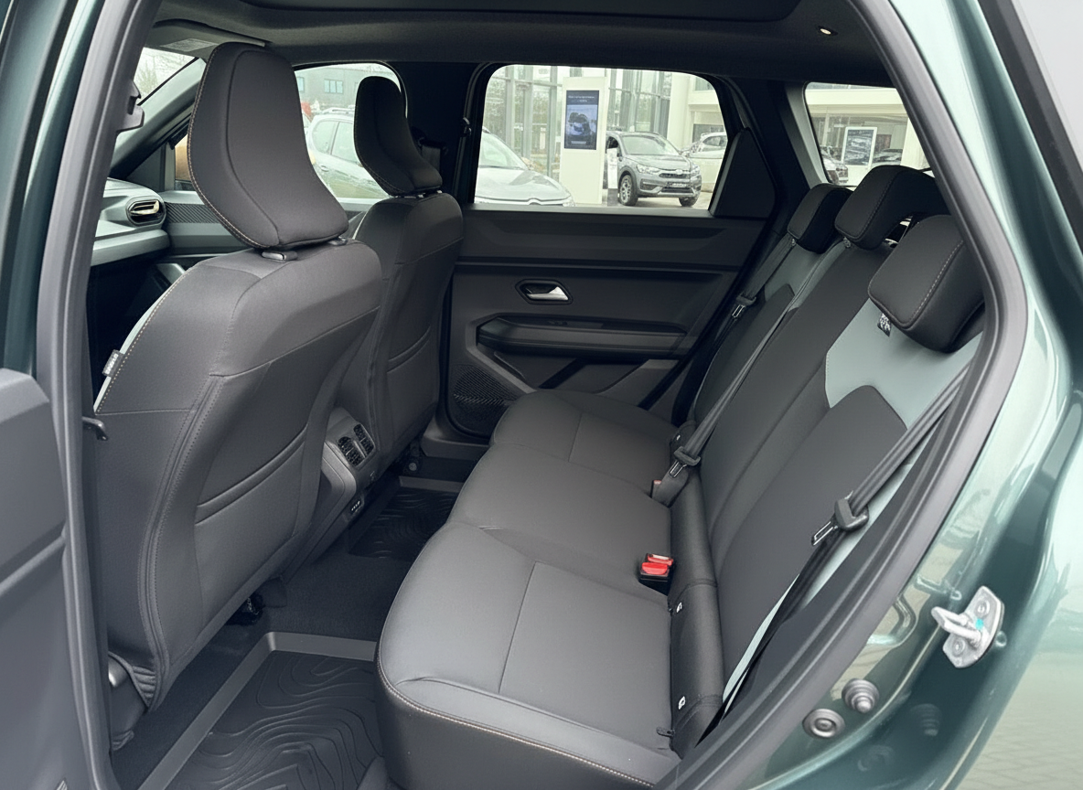 Schwarze Leder-Rücksitzbank eines modernen SUV-Innenraums mit drei Kopfstützen