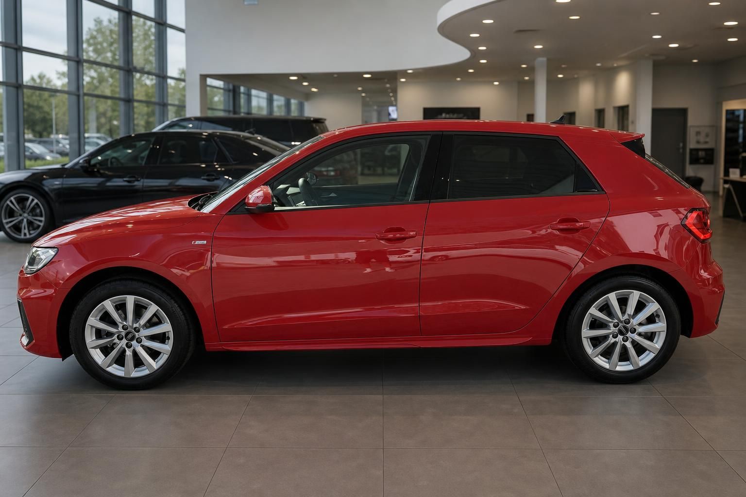 Audi A1 Sportback rot Seitenansicht im Autohaus – kompakter Kleinwagen in tango rot