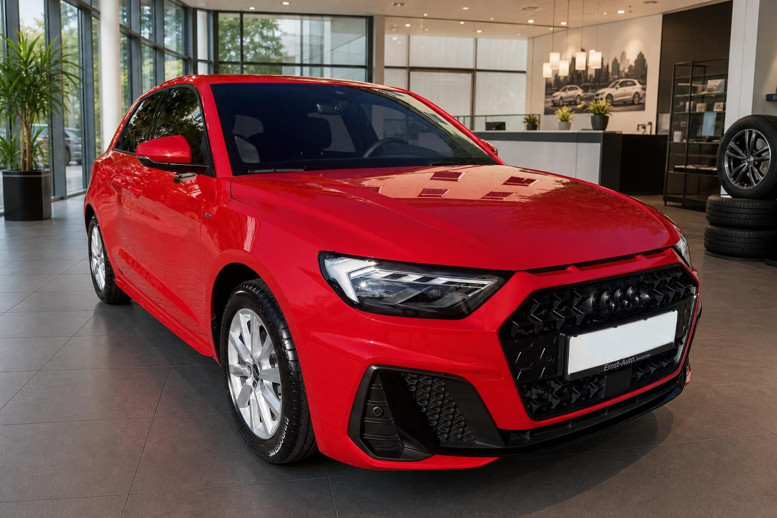 Audi A1 Sportback rot Frontansicht schräg im Autohaus – moderner Kleinwagen mit S-line Stoßstange