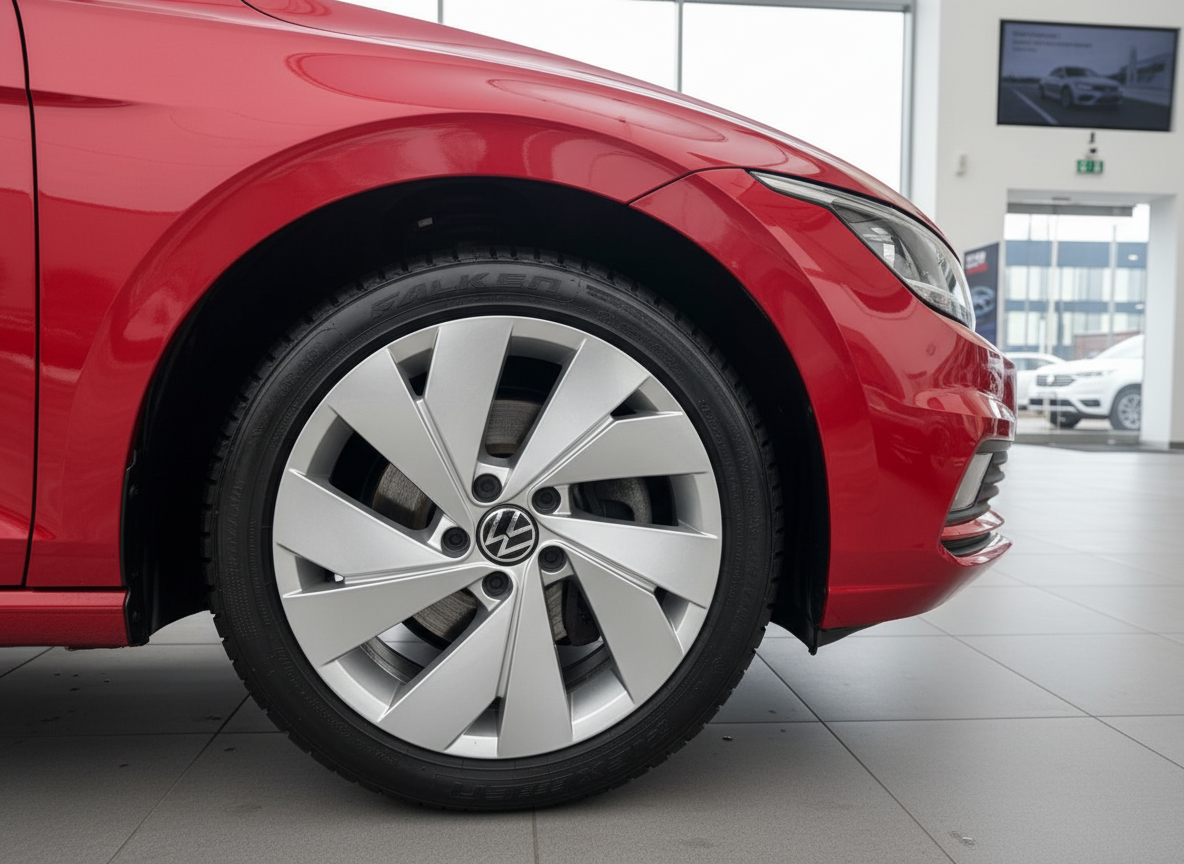 Roter Volkswagen Nahaufnahme Vorderrad mit VW-Alufelge im Autohaus