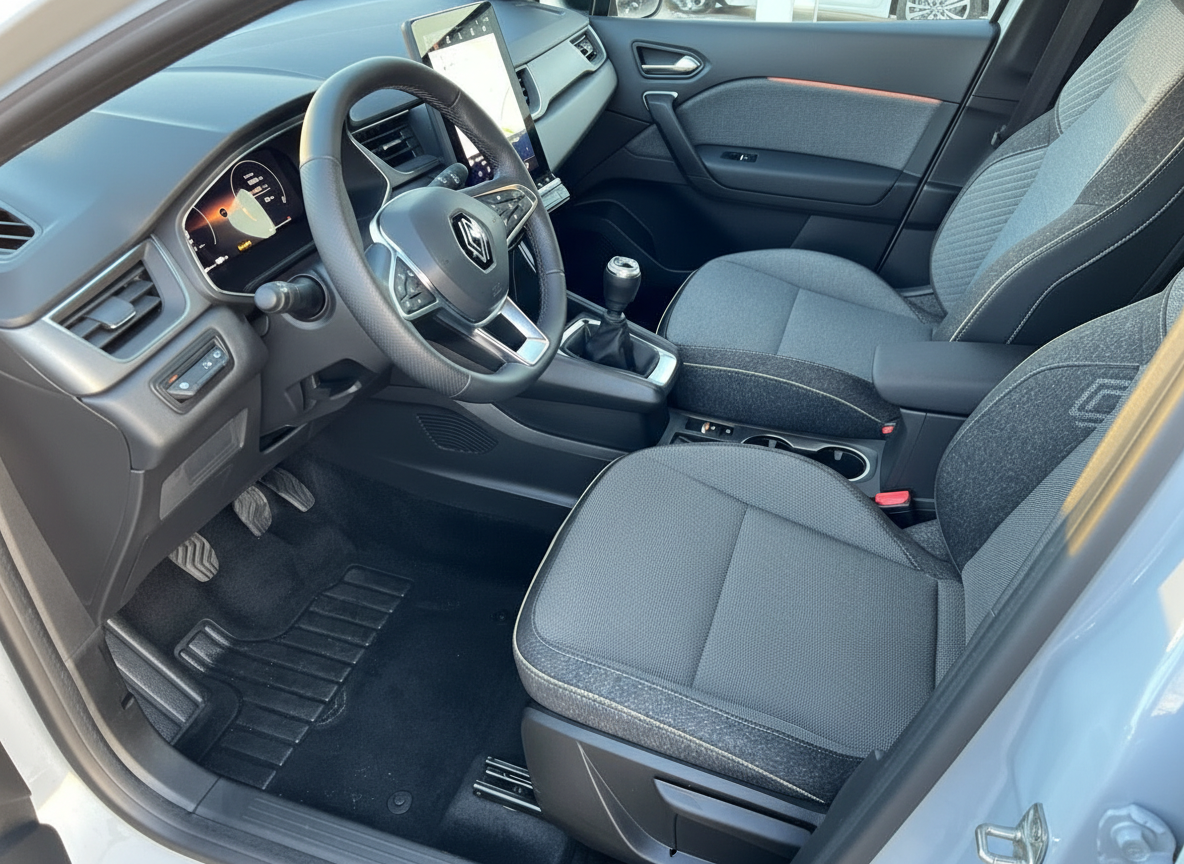 Renault Innenraum mit digitalem Cockpit, Lederlenkrad und Schaltgetriebe in modernem SUV